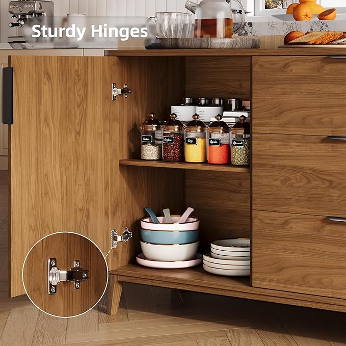 59" Fluted Sideboard Buffet Cabinet with 2 Doors and 3 Drawers, Large Modern Mid Century Buffet Table Coffee Bar Wine Bar Storage Cabinet with Adjustable Shelves for Dining Room, Living Room Walnut