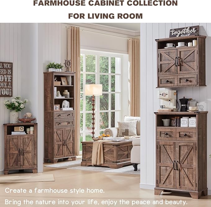 ACCOHOHO Corner Bathroom Cabinet, Farmhouse Small Corner Cabinet with Barn Door & Adjustable Shelf, Storage Cabinets for Bathroom, Kitchen, Living Room, Rustic Brown