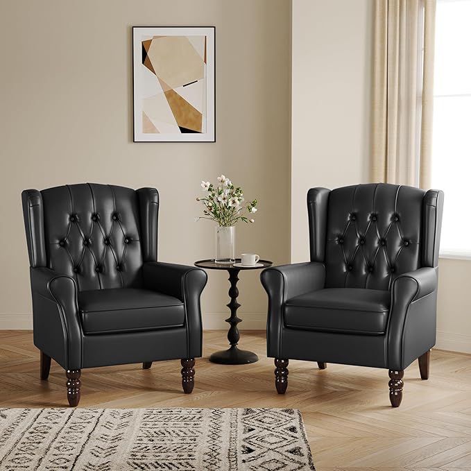 Lumibee High Back Accent Chairs Set of 2,Upholstered Faux Leather Wingback Armchairs with Solid Wood Legs for Small Spaces,Comfy Single Sofa Chairs for Living Room,Bedroom-Carbon Black