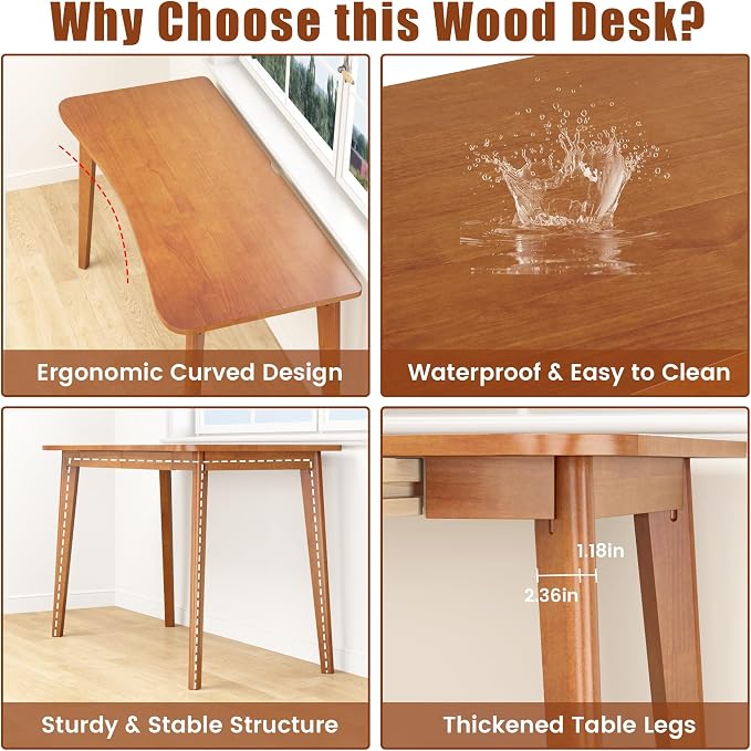 100% Solid Wood Desk with Drawers - 55 x 24 Inch Home Office Computer Desks, Modern Writing Desk with Drawers, Simple Study Table Makeup Vanity - Walnut Vintage Desks