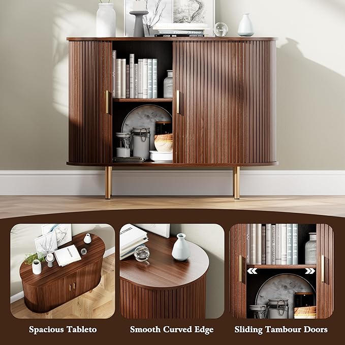 DHH Sideboard Buffet Cabinet with Storage,Mid Century Modern Fluted Accent Coffee Bar Console Table,Tambour Sliding Doors& Adjustable Shelf for Kitchen, Living Room, Entryway(Walnut, 40Inch)