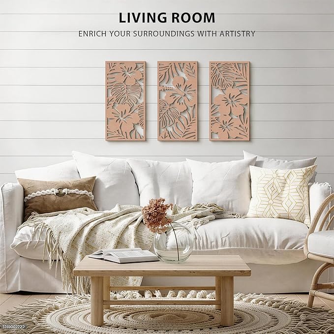 VIYYIEA Boho Solid Wood Carved Wall Art Set of 3, Geometric Minimalist Wooden Home Decor Panels, Handcrafted Solid Wood Wall Hanging for Living Room Bedroom Hallway, 16 x 8 Inch Each (Blooms)