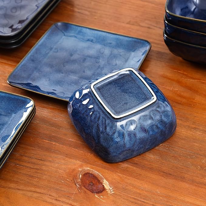 Vicrays Ceramic 24 Pieces Square Dinnerware Set - Dinner Plates Salad Plates Cereal Bowls Set Service for 8 - Scratch Resistant Microwave Oven Dishwasher Safe - Blue