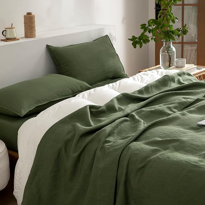 EVERLY Linen Sheets Set Full Size,100% French Stonewash Pure Linen Sheets Set,4Pieces (1Flat Sheet,1Fitted Sheet,2Pillowcase) Suitable for Hot Sleepers,Deep Pocket Natural Bedding Set-Mossy Green