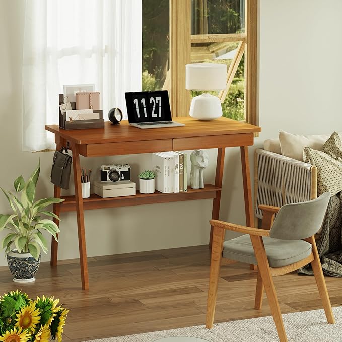 100% Solid Wood Writing Desk - 39.4" Mid Century Modern Home Office Desks, Small Computer Desk for Small Spaces with 2 Drawers and Storage Shelf, Laptop Study Table for Bedroom/Living Room, Walnut