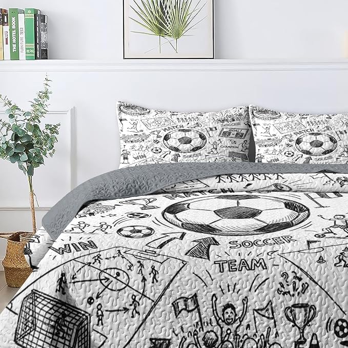 Pamnest Quilt Set King Size, Game Soccer Painting 3 Pcs Soft Bed Cover Bedding Set for Kids and Adults, Football Ball Cup Sport Lightweight Bedspread Coverlet with Pillow Sham for All Season