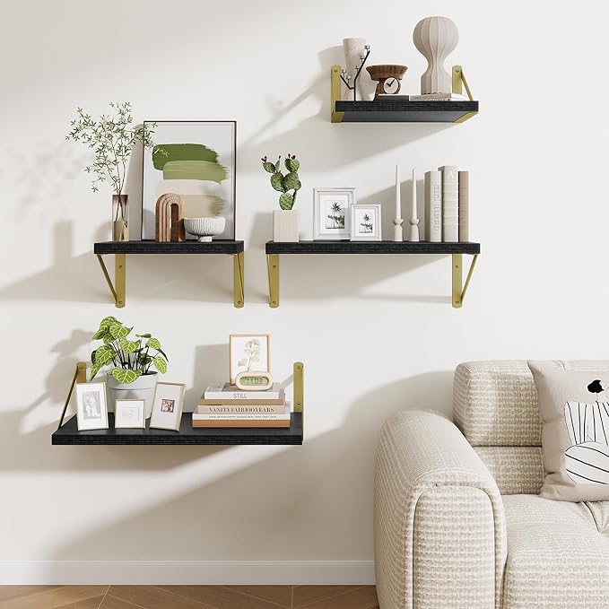 Deep Wall Shelves 48"W x 12"D Engineered Wood Floating Shelves for Wall, Sturdy Metal Bracket(Gold) Bookshelves Home Decor Storage for Living Room Bedroom Bathroom Kitchen, Set of 2, Black Finish