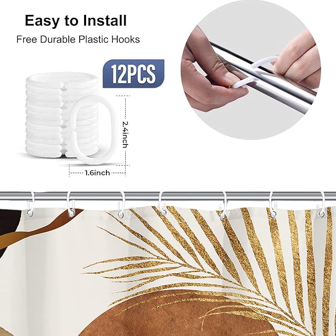 Yookeb Abstract Mid Century Bathroom Shower Curtain 60W by 71H Inch Modern Plant Neutral Minimalist Brown Leaves Aesthetic Polyester Fabric 12 Plastic Hooks Waterproof Decor