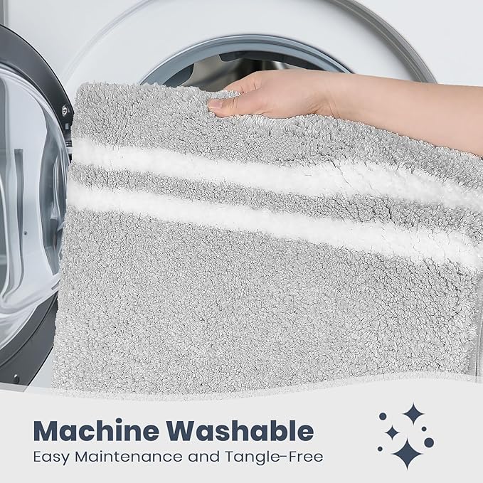 PURRUGS Bathroom Rug Non-Slip Machine Washable 20" x 24" U-Shaped, Super Absorbent and Quick Dry Shaggy Microfiber Bath Mat, Extra Soft and Plush Contour Rug for Toilet Base, Light Grey