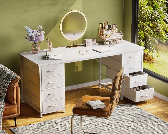 Casaottima 55 Inches Computer Desk with 8 Fabric Drawers, Modern Office Desk with Large Storage for Home Office, Study, White
