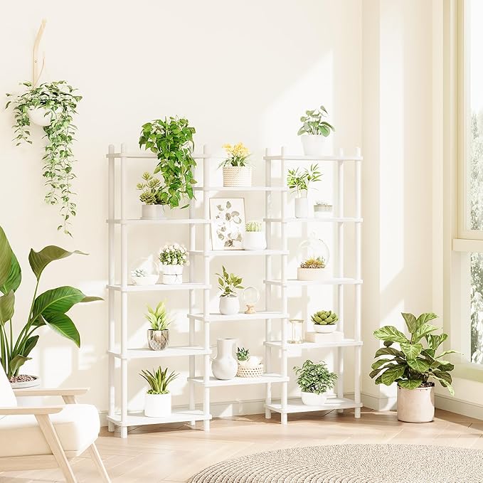 IOTXY Wooden Triple Wide Bookshelf - 5-Tier Large Shelf Bookcase with Solid Beech Frame, Tall Freestanding Open Etagere Display Rack for Home Office, White