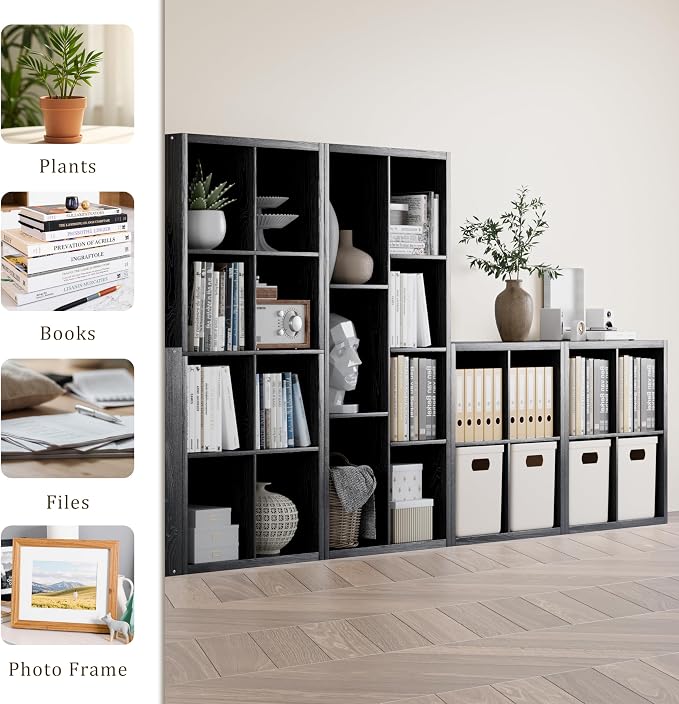 VDNEND Cube Storage Organizer Bookcase, Decorative 11 inch Open Back Cubical Shelf with Thickened Border, Display Bookshelf for Living Room, Home Office, Sturdy Room (Black, 4 Cube)