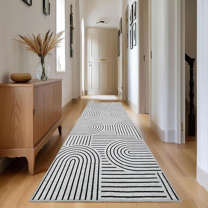 Modern Rug 2x6 Runners for Hallways, Abstract Kitchen Runner Rugs Non Slip Bath Runner, Rainbow Washable Runners Rug for Bedroom, Soft Long Rugs for Entryway Bathroom Laundry Dorm, Blackwhite