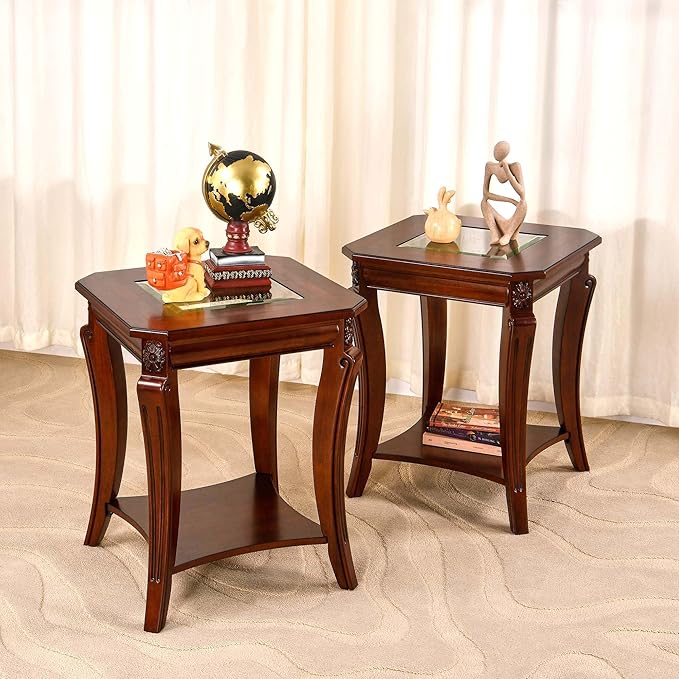 Solid Wood Side Table with Storage Shelf, 2-Tier Square End Tables Living Room, Traditional Style End Table, Vintage Beside Table with Curved Legs and Glass Tabletop, Cherry Walnut Accent Table GT