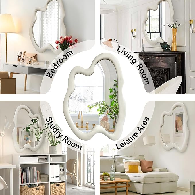 Irregular Wall Mirror Asymmetrical Mirror, White Wavy Mirror with Flannel Frame, Decorative Wall Mirror for Bedroom, Livingroom, Entryway, 24"x 32"