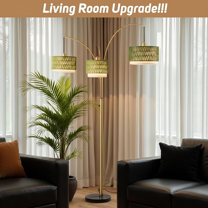 Gold Rattan Floor Lamp for Living Room, 80 Inch Tall Boho Floor Lamp with Rotary Switch, 3 Lights Arc Lamp with Green Wicker Shade for Coastal,Bohemian,Tree Farmhouse Standing Lamp