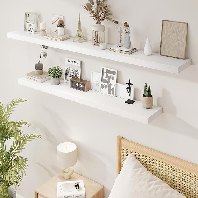 55in Floating Shelves for Wall, 55"W x 9.25"D x 1.5"H, Long Wall Mounted Engineered Wood Shelves with Invisible Brackets for Living Room, Bedroom, Bathroom, Kitchen Decor and Storage, White