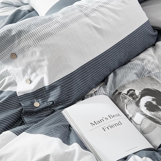 mixinni Geometric Striped Duvet Cover Set - 100% Natural Cotton, Grey & White Stripes, Queen Size, 3-Piece Bedding Set with Zipper Closure