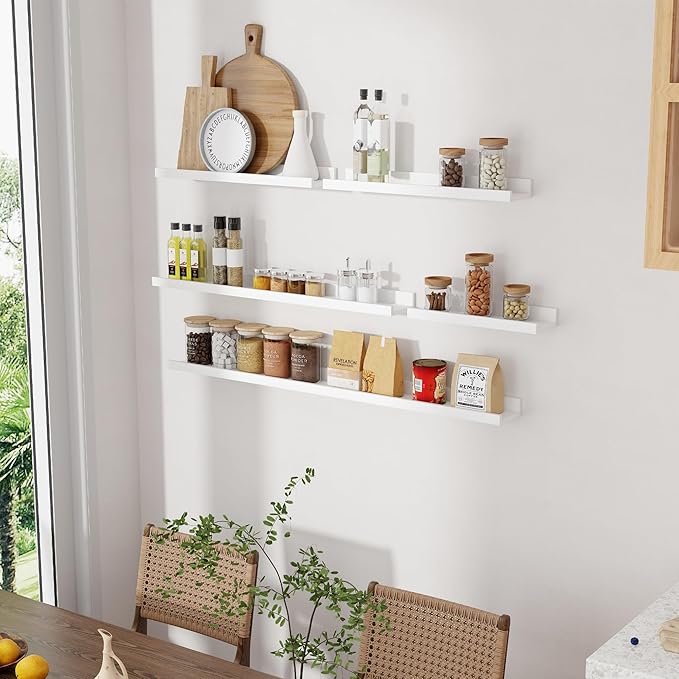 Vivelove Picture Ledge Shelf, Solid Pine Wood Rustic Floating Shelves for Wall, 24 Inch Floating Shelves with Lip for Bedroom Kitchen Living Room Nursery Display Wall Decor, Set of 2 (White)