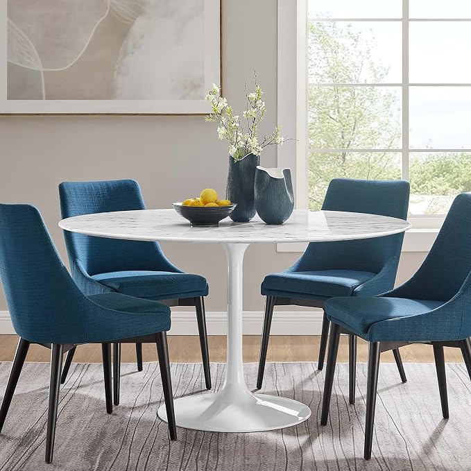Modway Lippa Round 54" Mid-Century Modern Artificial Marble Dining Table in White