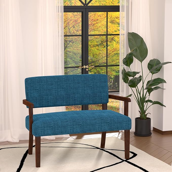 Accent Chair 2 Seat, Upholstered Reading Leisure Chair, Bench with Solid Wood Frame for Dining, Reading,Waiting Rooms (Blue)