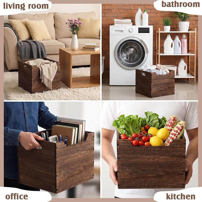 Colingmill 2 Pack Wooden Storage Box Bins Wood Crate with Open Front Stackable Cube Storage Organizer Bins for Books Records Home Pantry Clothes Toy Closet (11 Inch,Brown)