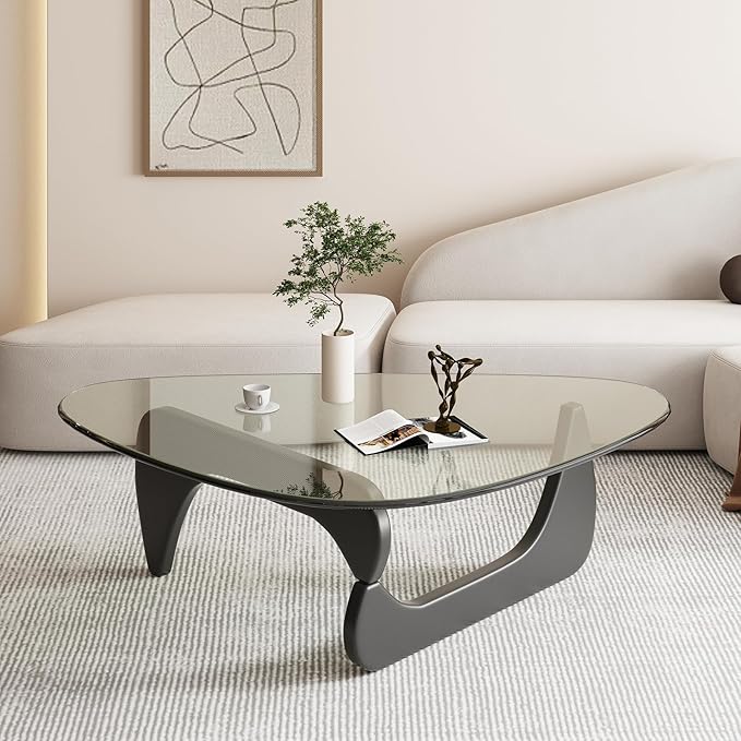 Modern Glass Coffee Table, 44.9"×32.3"×15.8" Triangle Center Table with Tempered Glass Top & Solid Legs, for Office Small Space Living Room