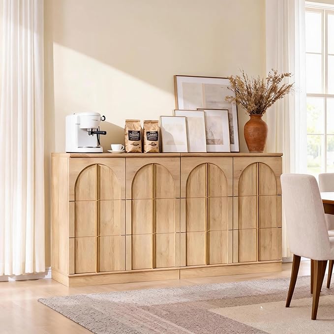 ACCOHOHO Buffet Cabinet with Storage & Arched Doors, 31.5 Inch Wood Sideboard W/Adjustable Shelf, Modern Coffee Bar Tables Accent Cabinets for Living Room,Kitchen or Entryway (Natural Oak, 2 Piece)