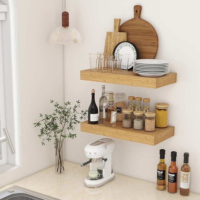 Deep Floating Shelves | 24 Inch Oak Floating Shelves Set of 2 | 12 Inch Deep Rustic Wood Shelves for Wall | 24" W x 12" D Oak Shelves for Living Room Bathroom Laundry Room Kitchen
