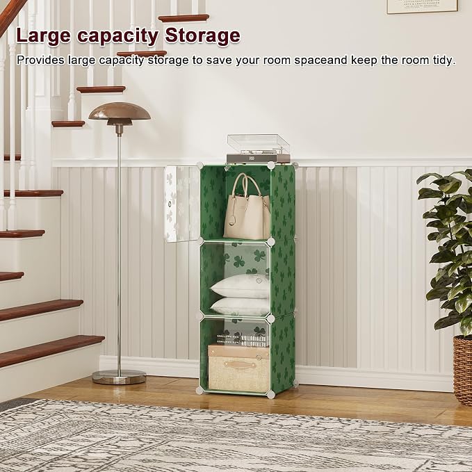 C&AHOME Cube Storage Organizer with Doors, 3-Cube Shelves, DIY Plastic Modular Bookshelf, Closet Clothes Storage Shelving Ideal for Bedroom, Living Room, Clover Embossed, Green