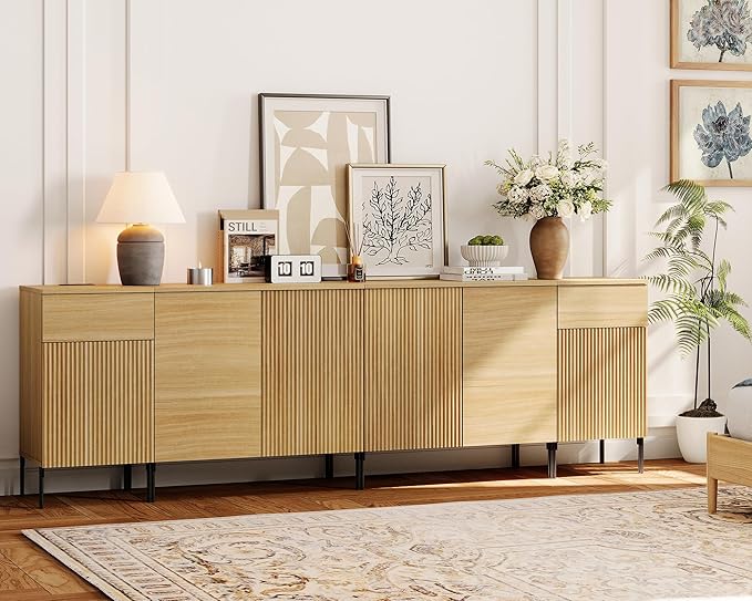 WAMPAT 94.5" Buffet Sideboard Cabinet with 2 Drawers & 6 Doors,4-in-1 Fluted Storage Credenza with Charging Station,Modern Buffet Table Coffee Bar Wine Bar Cabinet for Dining Room, Living Room,Oak