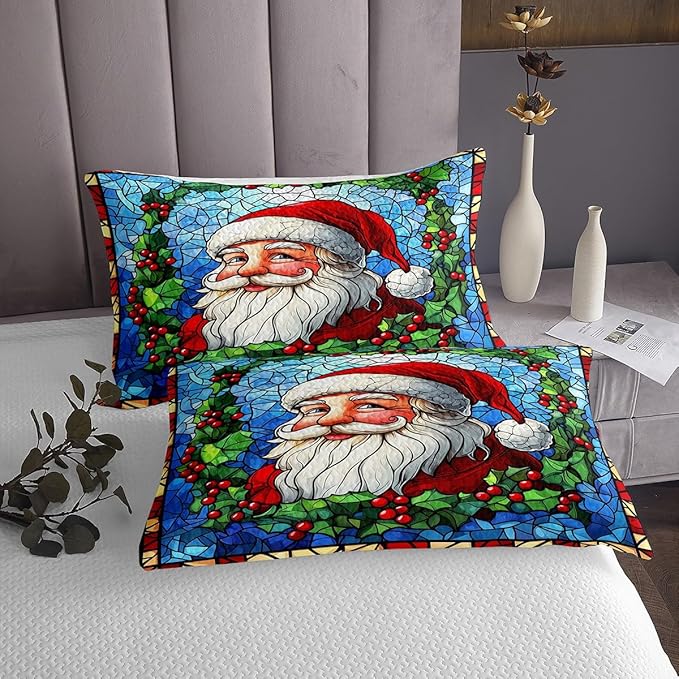 Santa Claus Kid Bedspread King Size,Merry Christmas Happy New Year Western Holiday Coverlet Set,Boys Girls Room Decor,Poinsettia Flower Geometric Quilted Coverlet,Xmas Bedding Quilt,2 Pillowcases