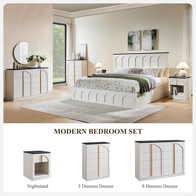 ACCOHOHO Large Dresser for Bedroom with 8 Drawers with Arched Panel,Modern Minimalist Chest of Drawers with Gold Handles,Wood Storage Closet Dressers Tv Stand for Living Room, Hallway,White