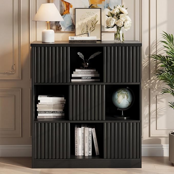 Einhomn Cube Storage Organizer with Sliding Doors, Wooden Bookshelf Storage Cabinet, 9 Cube Bookcase Organizer for Living Room Bedroom Office, Black