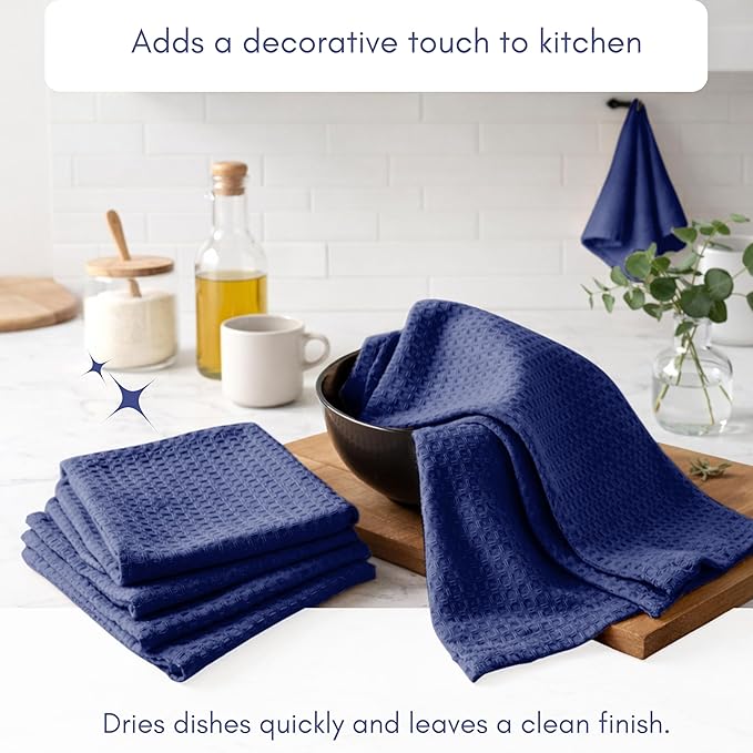 TWINY threads Kitchen Dish Towels Set of 4, 100% Cotton Waffle Weave, Absorbent Dishcloth & Tea Towel with Hanging Loop, Reusable for Table Cleaning, Quick Drying - 16x26 Inches - Indigo Blue