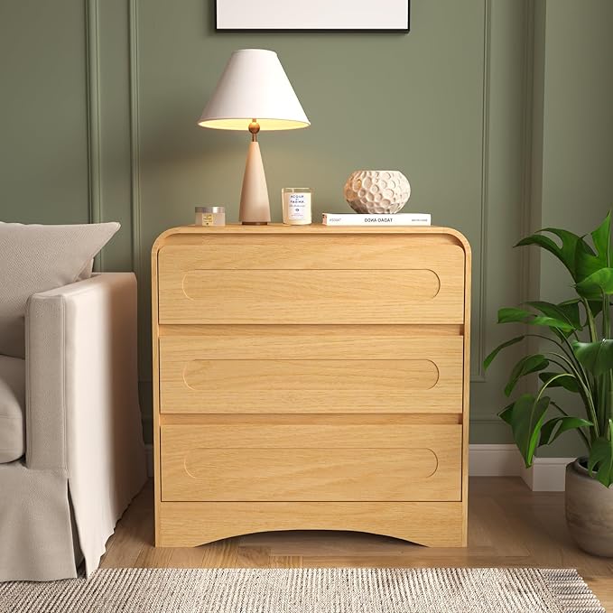 3 Drawer Dresser with Pre-Installed Slides, 32" Wide Modern Wood Chest of Drawers, Compact Storage Dresser for Bedroom Hallway Closet, Natural Oak