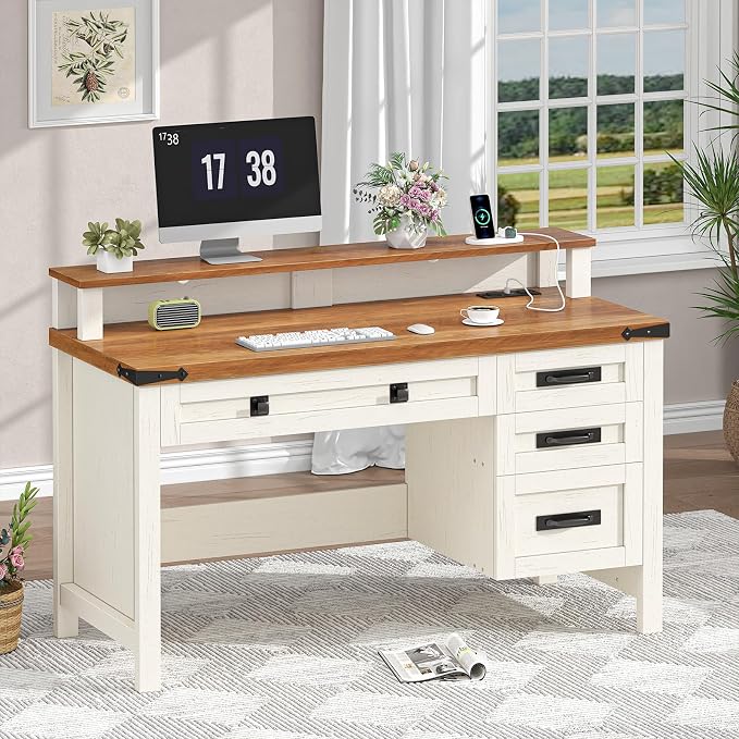 YOMILUVE Farmhouse Executive Desk with Drawers, 47" Computer Desk with Power Outlets, Home Office Desk with Monitor Stand & 4 Drawers, Small Desk Writing Study Table, Antique White