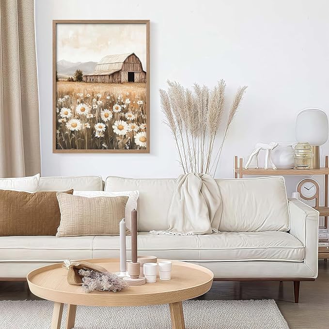 Framed Canvas Wall Art Rustic Barn Daisy Field Print Country Landscape Poster Farmhouse Picture Gallery Artwork Living Room Bedroom Office Apartment 12X16 Inch Ready to Hang