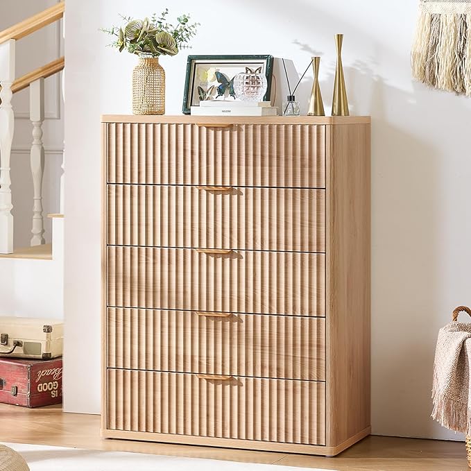 LEYAOYAO Fluted 5 Drawers Dresser Set of 2, 41" Tall Modern Chest of Drawers with Metal Handle, Curved Profile Dresser TV Stand, Wooden Drawer Organizer for Bedroom, Living Room, Hallway, Natural