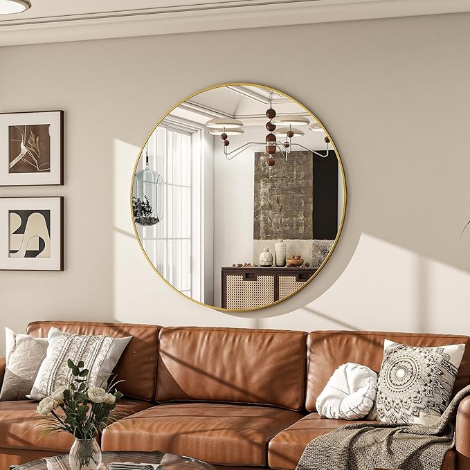 Round Mirror Wall Mounted Mirror - 30" Circle Mirror Bathroom Vanity Mirror with Aluminum Frame for Bedroom Living Room, Entryway Decor Gold Mirror