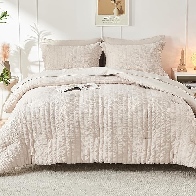 HYMOKEGE Beige California King Comforter Set Seersucker 7 Pieces, All Season Luxury Bed in a Bag for Bedroom, Bedding Set with Comforters, Sheets, Pillowcases & Shams