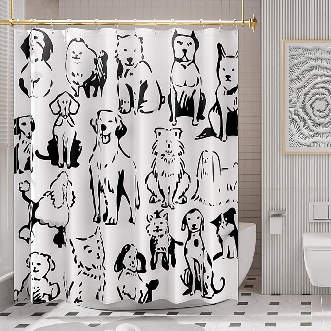 AmazerBath Shower Curtain, Washable Cloth Cute Dogs Kids White and Black Shower Curtain Set with 12 Shower Curtain Hooks, Kawaii Pet Puppy Waterproof Shower Curtains for Bathroom Decor, 72x72 Inches