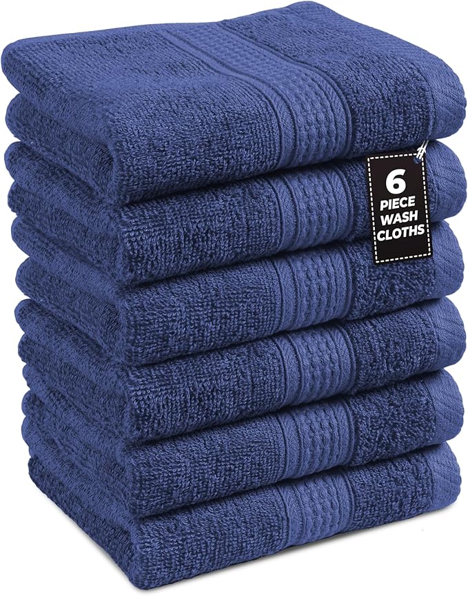 LANE LINEN Washcloths Pack of 6 - Spa & Salon Quality - 100% Ring Spun Cotton Face Cloths - Soft & Ultra Absorbent Wash Cloth Set for Body, Beauty, Home, Gym - Fingertip Towels - 13"x13", Navy Blue