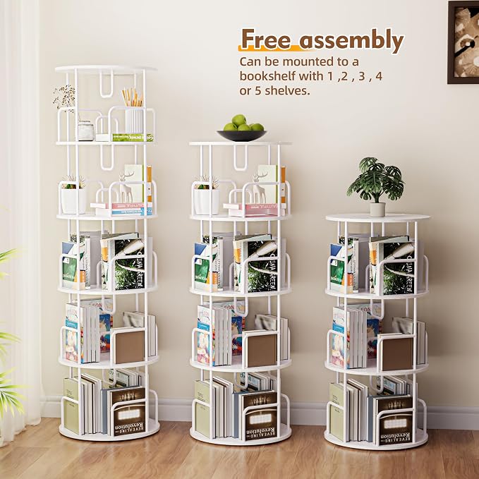 YZU Rotating Bookshelf 5 Tier 360 ° Display Spinning Bookshelf Tower, Revolving Bookcase Narrow Space Saving Swivel Book Shelf Corner Storage Organizer for Bedroom, Living Room Corner, Office