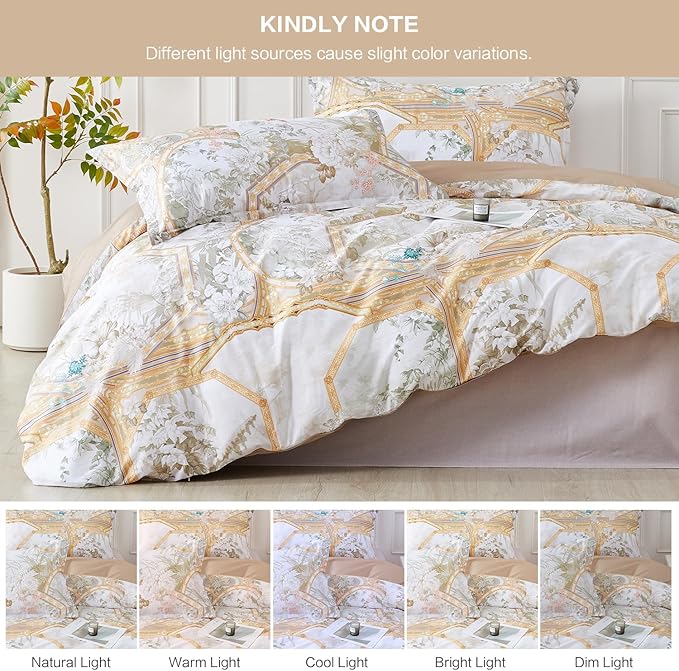 SAPHREAS Gold Floral Duvet Cover Set 3pcs Queen Size White Flower Botanical Blossom Bedding Comforter Cover Set 100% Cotton 1 Duvet Cover 2 Pillow Shams, Comforter Not Included