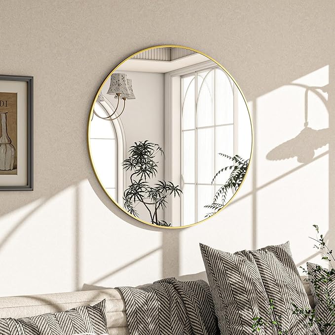 Round Mirror Wall Mounted Mirror - 28" Circle Mirror Bathroom Vanity Mirror with Aluminum Frame for Bedroom Living Room, Entryway Decor Gold Mirror
