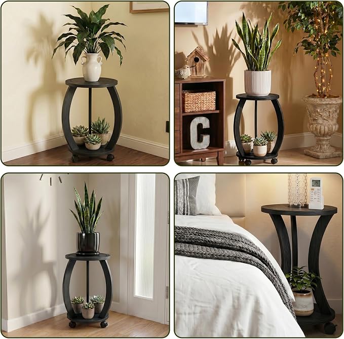 2 Tier Wooden Plant Stand Indoor with Wheels – Tall Plant Stand for 6-12 Inch Pots, Mid-Century Modern Rustic Plant Table Indoor, Pedestal Stand for Corner, Living Room, Balcony, Black