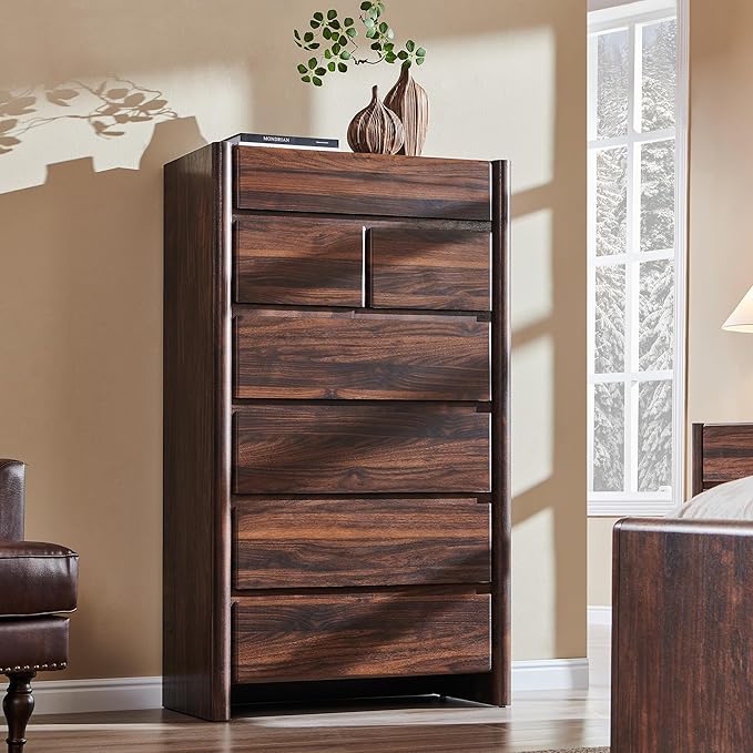 Modern 7 Drawers Dresser for Bedroom, 54.7" Tall Large Dresser & Chests of Drawers w/Rounded Corner, Wood Handleless Organizer Dresser w/Natural Texture for Bedroom, Living Room-Brown