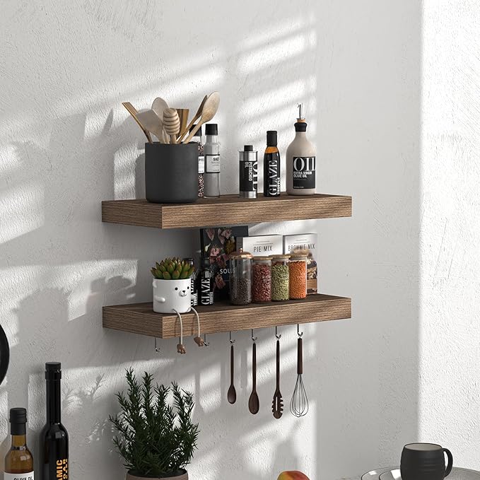 Fun Memories Floating Shelves - 16 Inch Wall Shelf for Decor & Storage - Wall Mounted Display Shelving with Invisible Heavy-Duty Metal Bracket 2Pack, Walnut