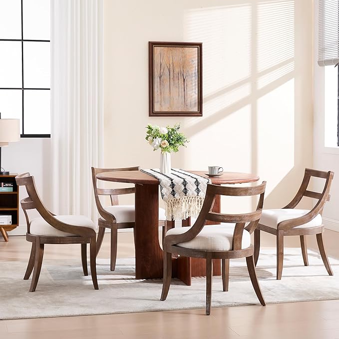 Modern Farmhouse Dining Chairs Set of 4 Mid Century Upholstered Dining Chair with Wooden Curved Back Kitchen Chairs for Dining Room Restaurant Cafe, Brown Walnut Colored-Linen Beige